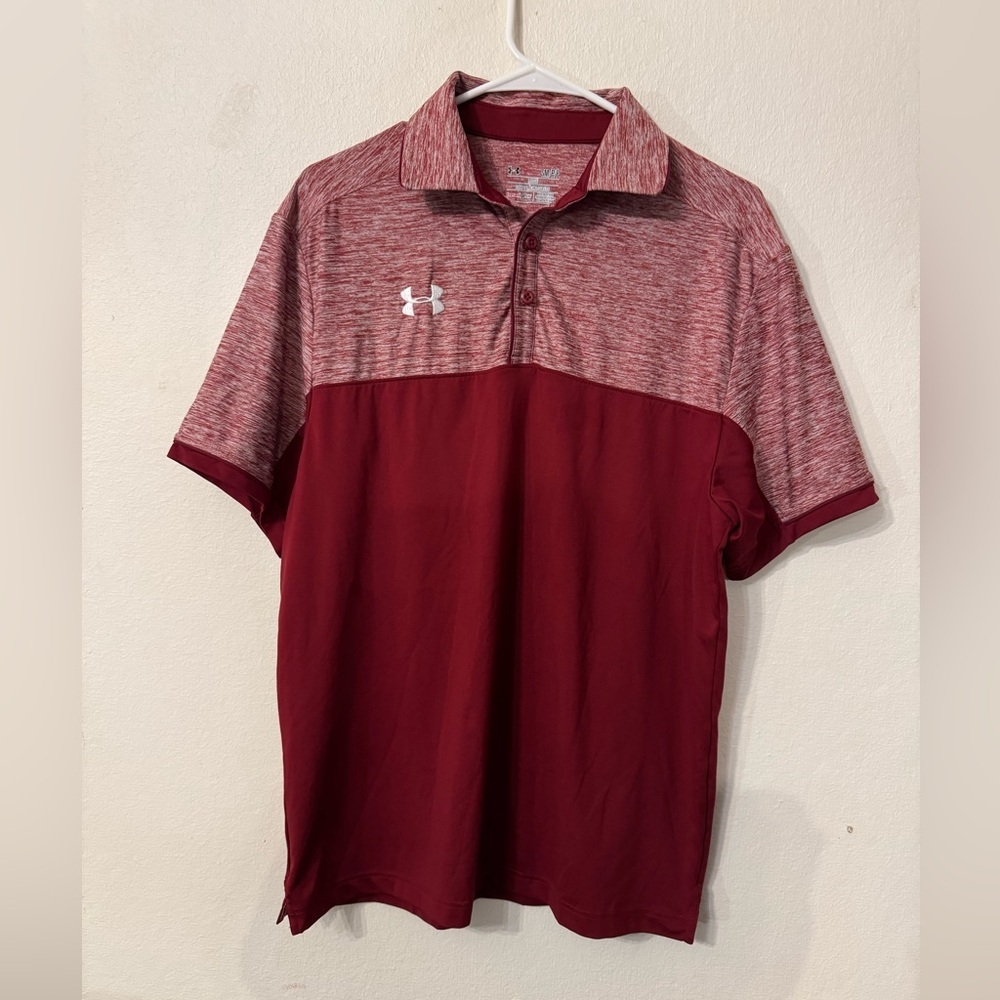 Under Armour Polo Shirt Men Small Red Golf Links Heat Gear Loose Polyester Adult